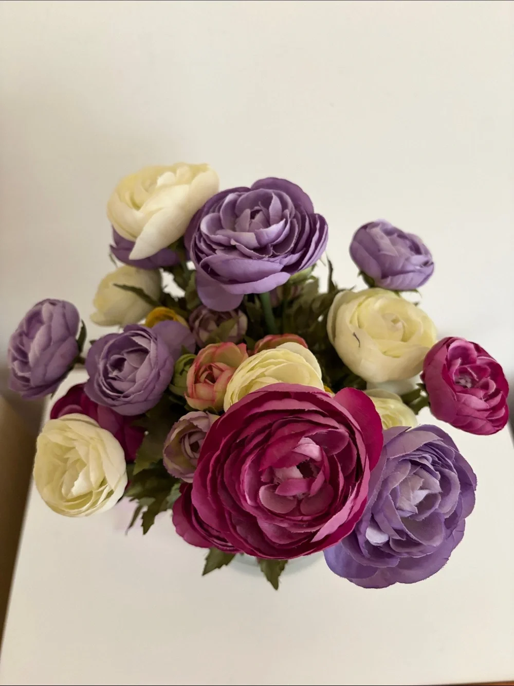 Artificial Ranunculus Bouquet in Purple, Pink and White - Clear Glass Vase